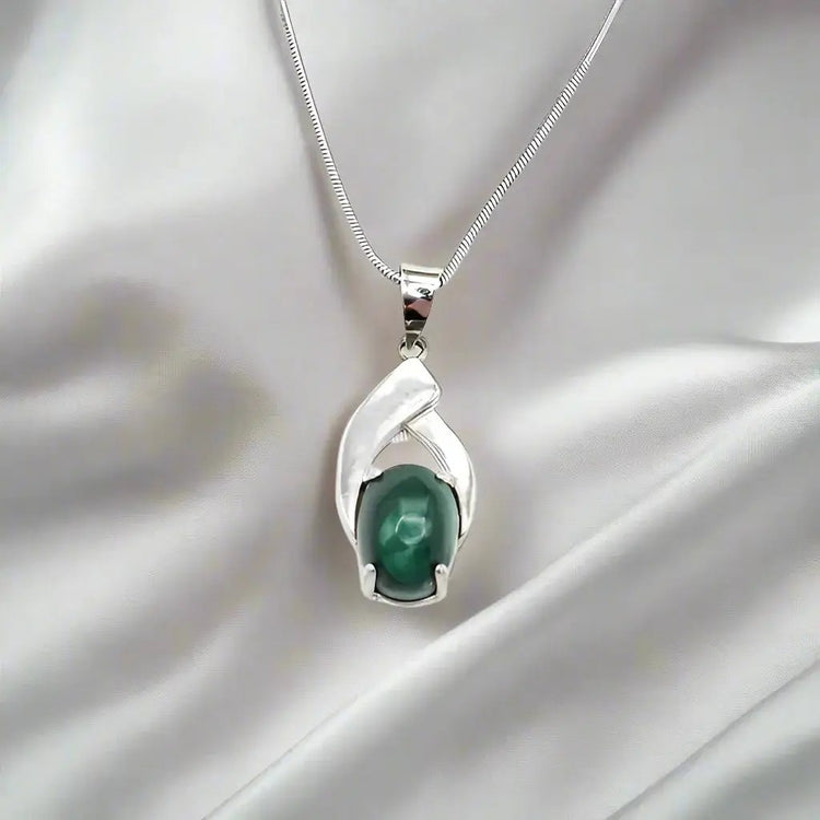 925 sterling silver pendant oval malachite - Halskæde