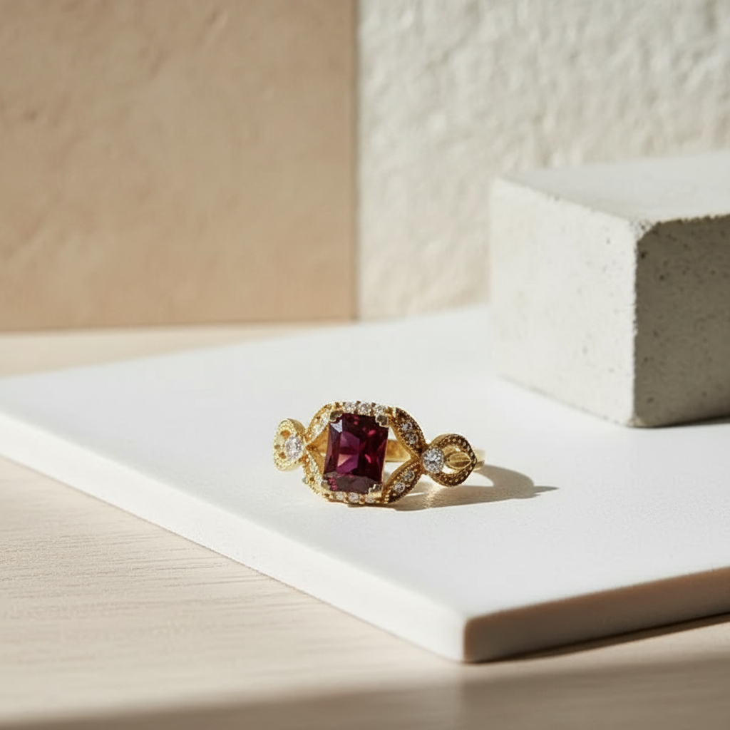 Ædelstensmykker - Deep Red Delight: 18 karat guld granatring - Ring