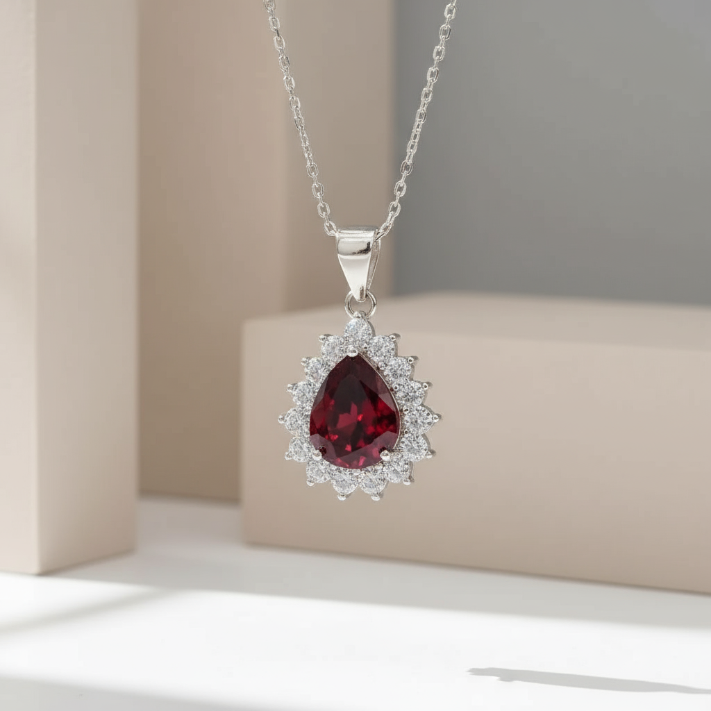Granat halskæde i sølv omkranset af zirkoner - Halskæde