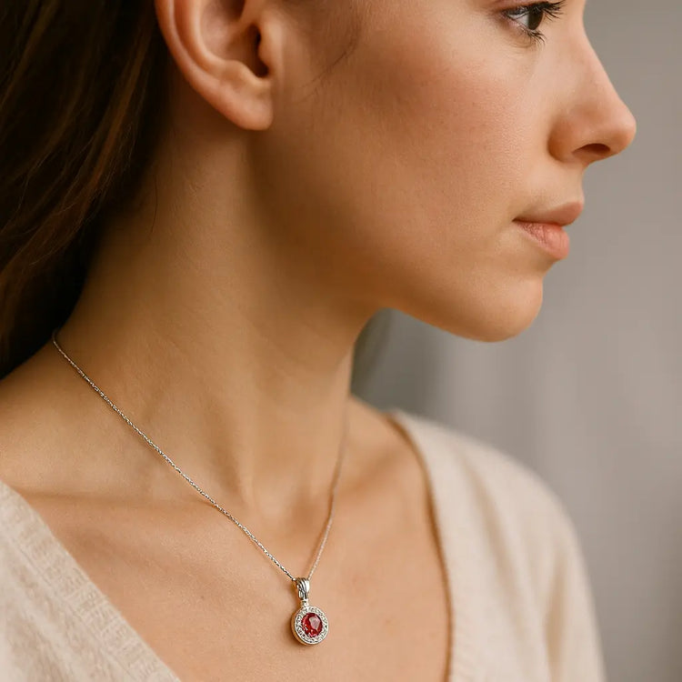 Halskæde i sølv med rund Granat og Zirkoner - Halskæde