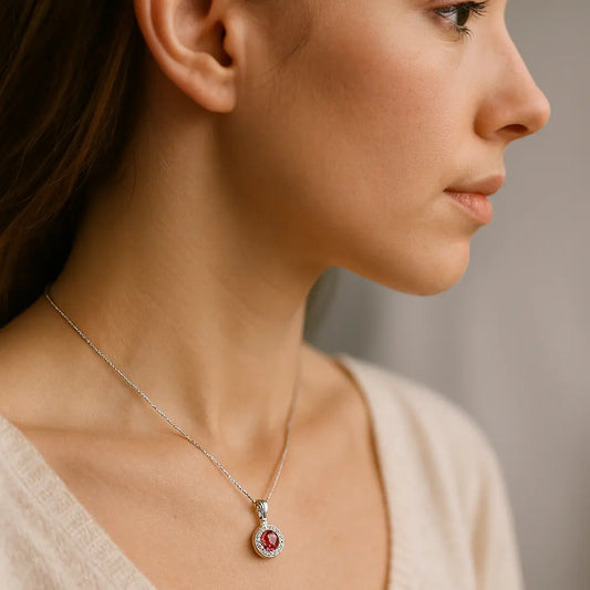 Halskæde i sølv med rund Granat og Zirkoner - Halskæde