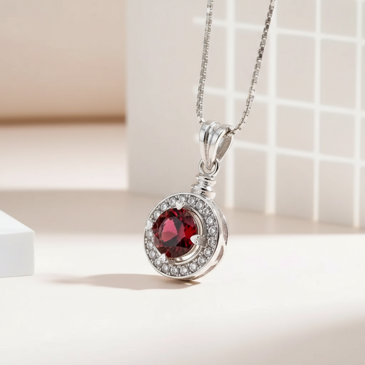 Halskæde i sølv med rund Granat og Zirkoner - Halskæde