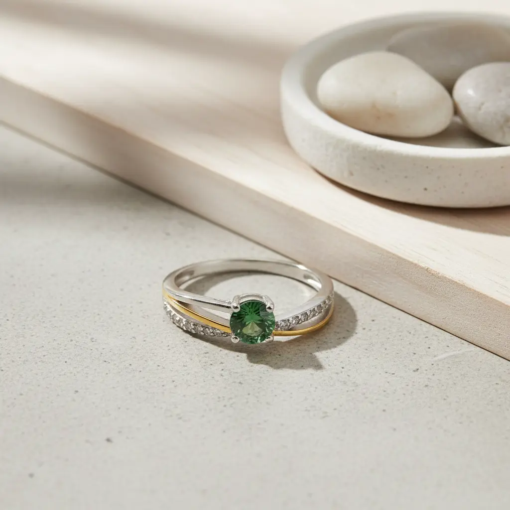 Sølvring med Grøn Turmalin og Zirkoner – Naturlig Skønhed og Glitrende Elegance - Ring